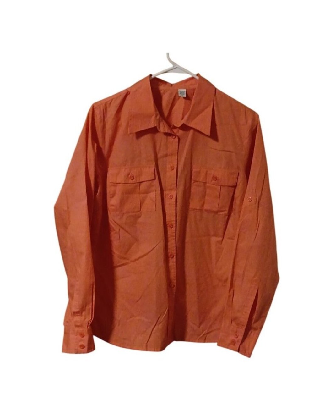 IZOD Women’s Large Coral Pink Cotton Utility Shirt Roll Tab Sleeve Button Up L